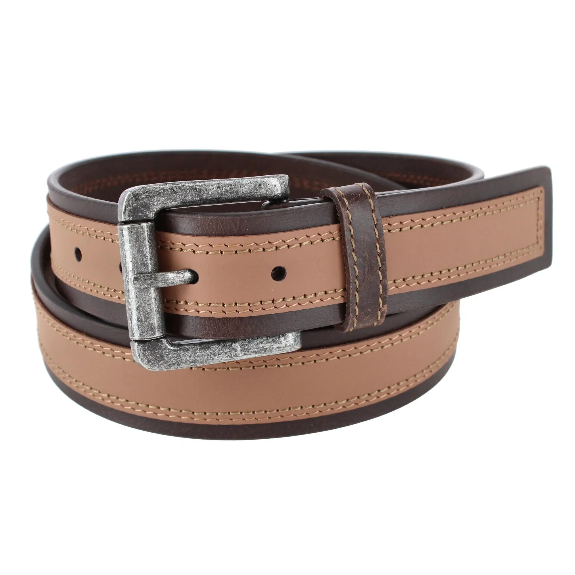 Wrangler Men's 38mm Tumbled Leather Waist Belt with Contrast Center & Frame Buckle, Heavy-Duty Casual Jeans Belt