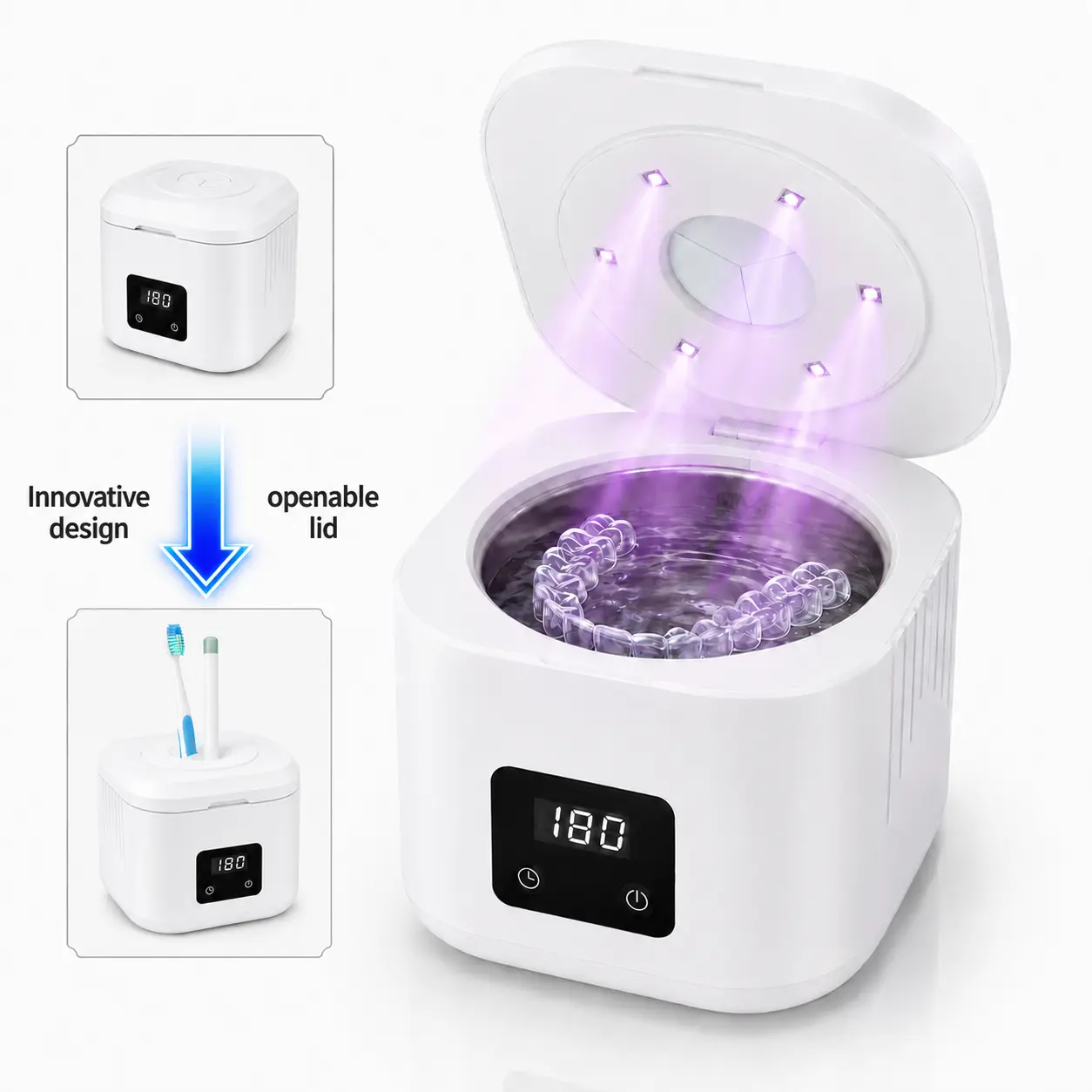 Portable Ultrasonic Retainer Cleaner Machine - 340ML Compact Steel ABS Sonic Cleaner with 50kHz Water-Based Cleaning, 3 Timer Modes, Built-In LED Lights for Retainers, Dentures, Jewelry sohochic