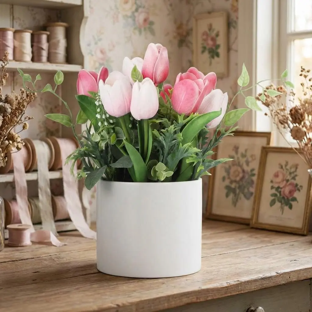 Garvee Real Touch Silk Fabric Tulip Plastic Plants - Round Glass Vase with Crystal Water or Ceramic Vase Options, Household Decor for Home Room, Dining Table Centerpieces