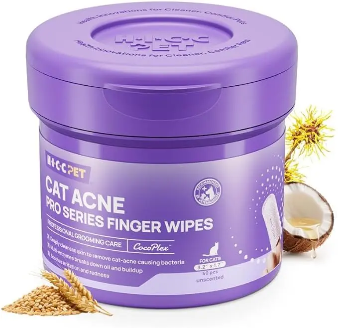 HICC PET Cat Chin Acne Finger Wipes – Gentle Enzyme Complex Care for Feline Acne & Blackheads, Vet Recommended Daily Chin Cleaning Wipes, No-Rinse Natural Formula, 50 pcs