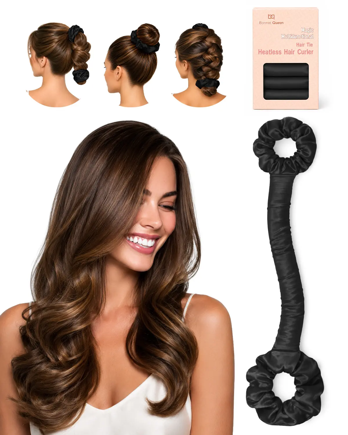 BONNET QUEEN Satin Heatless Hair Curler & Hair Tie Set, Non-Heated Curling Rods for Heatless Curls Overnight, Hair Rollers for Women & Girls, Overnight Blowout Rods for Long Hair, Medium, Black