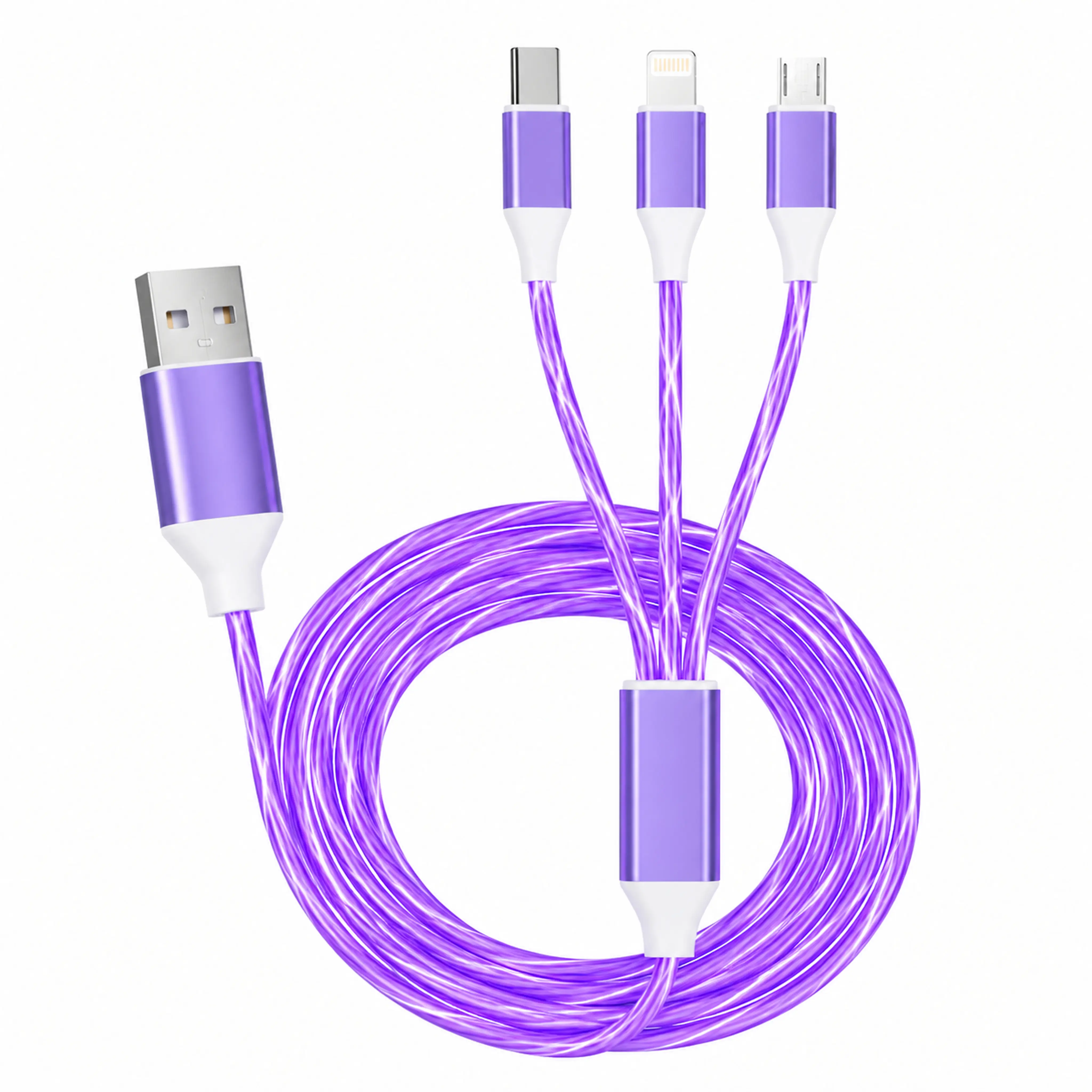 Glowing LED Flowing Light 3-in-1 Charging Cable - Multi-Function Connector with Lightning, Micro USB, USB-C, Visible Light-Up Cord for Smartphone, Android, Cellphone, Device, Car Use