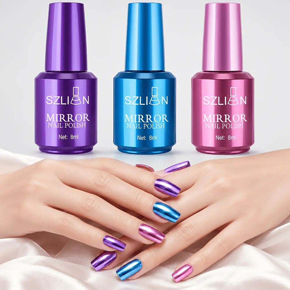 3-Color Mirror Metallic Nail Polish Kit, Air-Dry Chrome Reflective Lacquer with Built-In Brush for DIY Manicure, Fingernails and Toenails, Color Collection