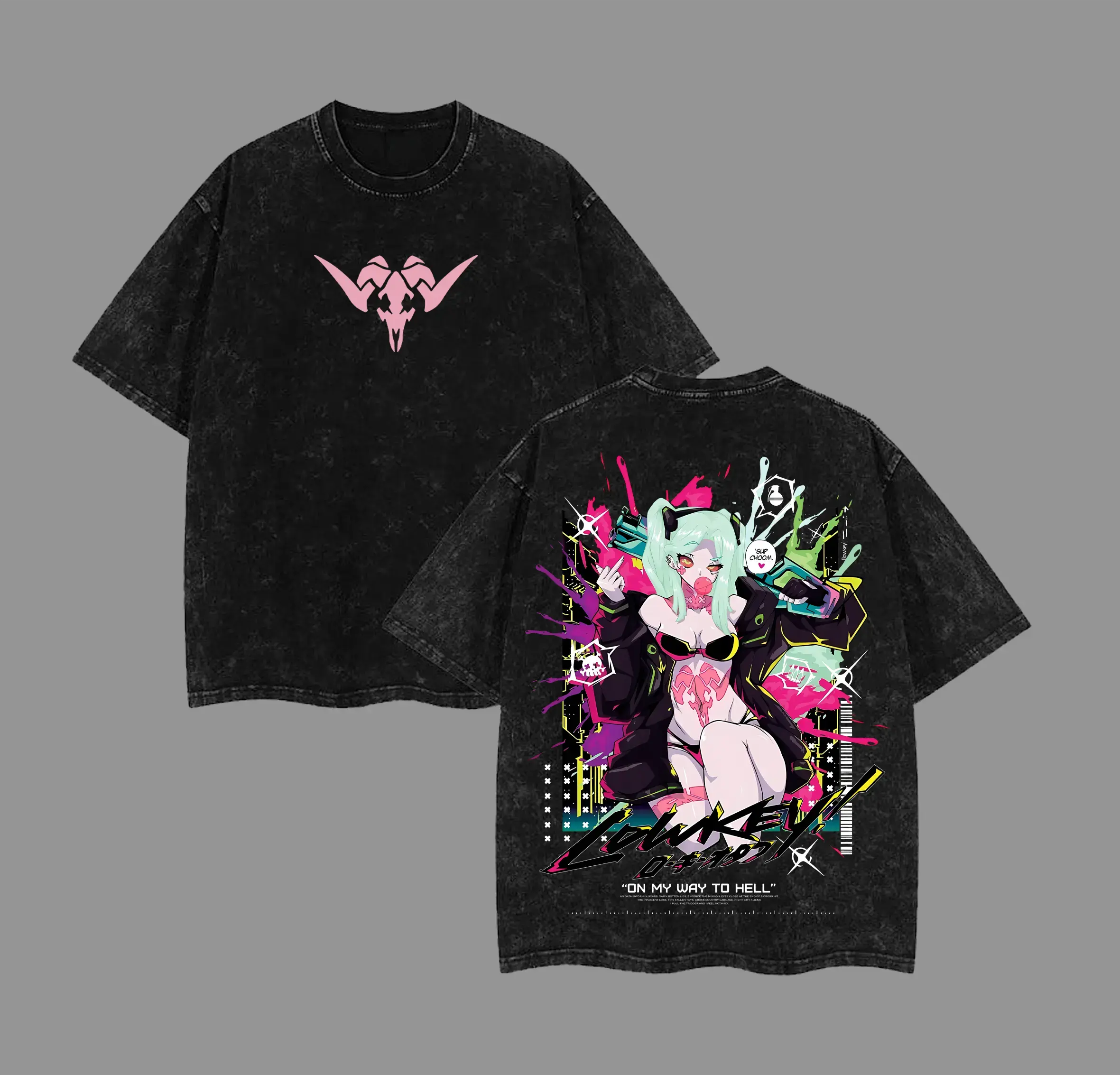 Men's Rebecca V3 Cyberpunk: Edgerunners Merch Washed Cotton T-Shirt - Shortsleeve, Casual, Relaxed-Loose Fit, Premium Vintage Wash Fabric, Anime & Streetwear Fan Essential, Relaxed Fit, Menswear, Print, Tops, Asymmetric, Graphic Tee, Year-Round