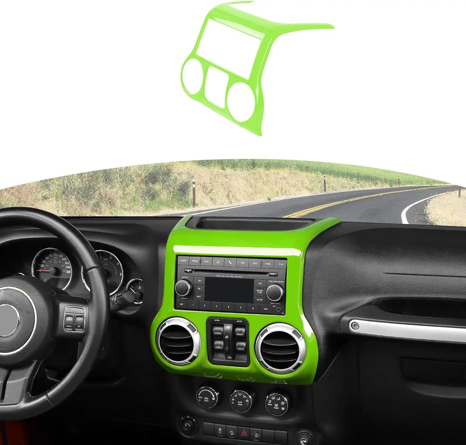 Rectangular Gloss Finish UV-Resist ABS Green Dash Console Radio Screen/Vents Cover Trim for Jeep Wrangler JK/JKU 2011-2017, OEM-Fit Interior Molding with Pre-Taped Edges Adhesive Tape, Corrosion-Resistant Dust Protection Car Interior Accessory (1pc)