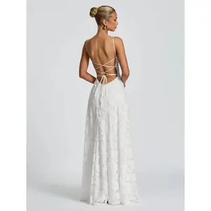 Elegant women's white backless jacquard lace camisole dress with thin shoulder straps and strap design, suitable for wedding parties, island vacations, dinner dates