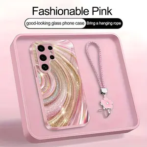 Luxury Rose Gold Swirl Phone Case with Flower Lanyard, Glitter Pink Art Aesthetic Cover for Galaxy S24 Ultra ---975
