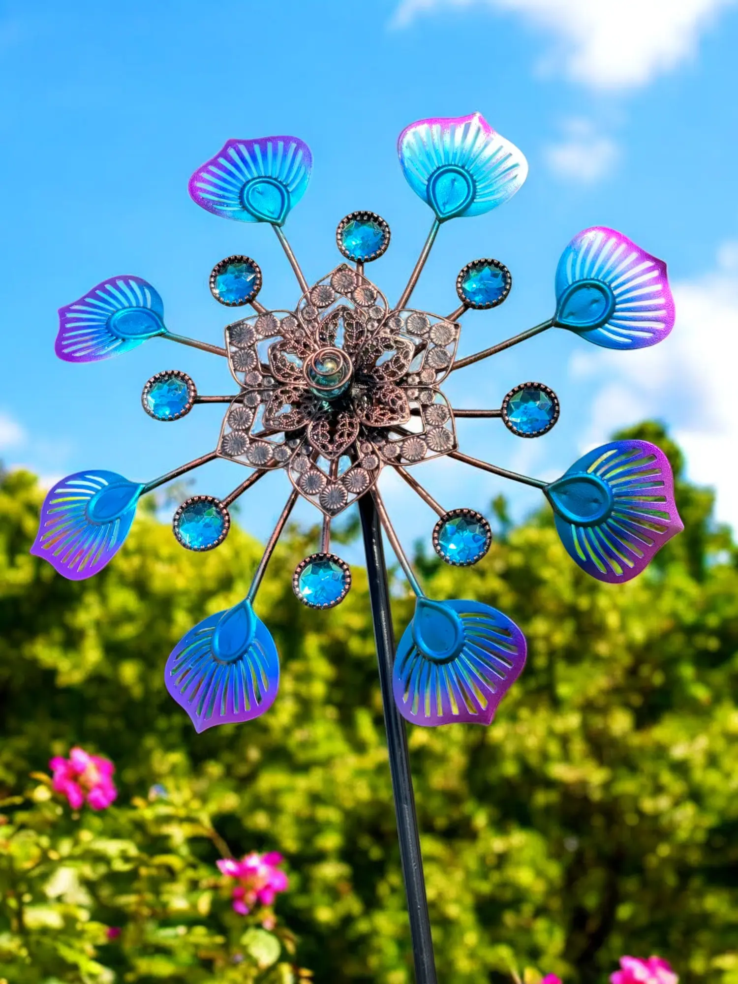 Kinetic Peacock Tail Colorful Metal Wind Spinner Garden Stake - Floral Windmill, Rotating Outdoor Decor for Patio, Lawn, Garden Sculpture Gift