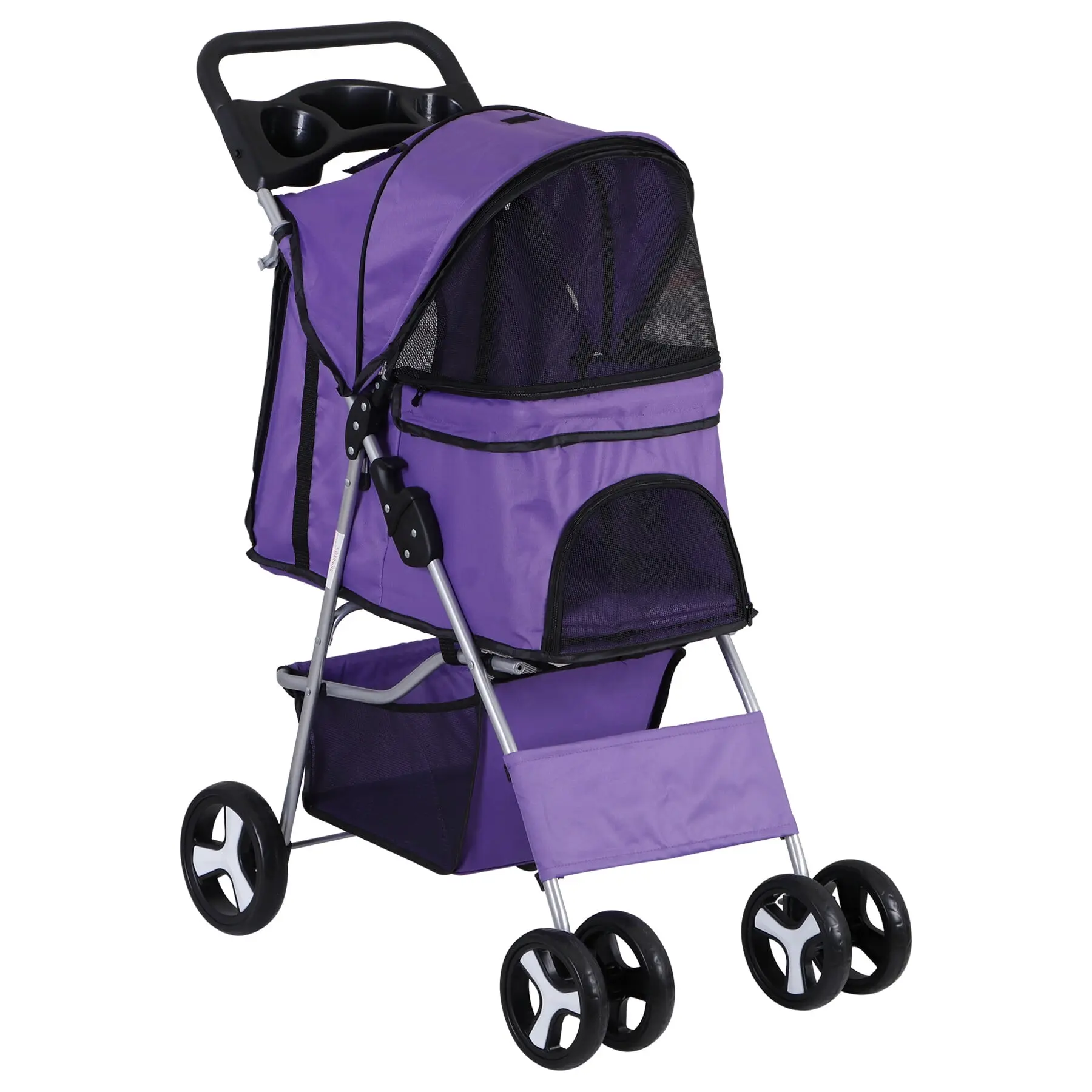 SuperDeal Pets Foldable & Durable Puppy Stroller - 4-Wheel Weatherproof Purple Oxford Cloth Dog & Cat Carrier Cart with 6" Smooth Swivel Wheels, Under-Cart Storage, Dual Cup Holders, Center Tray, Ventilation Mesh, Enhanced Stability, 35 lbs Capacity
