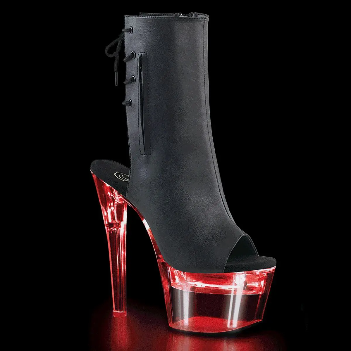 Pleaser Women's Flashdance-1018-7 Open Toe Platform Ankle Boots, 7" Heel Vegan Leather with Lace-Up Back and LED Illumination, Footwear, Shoe, Black Vegan Leather/Clear, Party, Stage, Synthetic, All Seasons, Evening