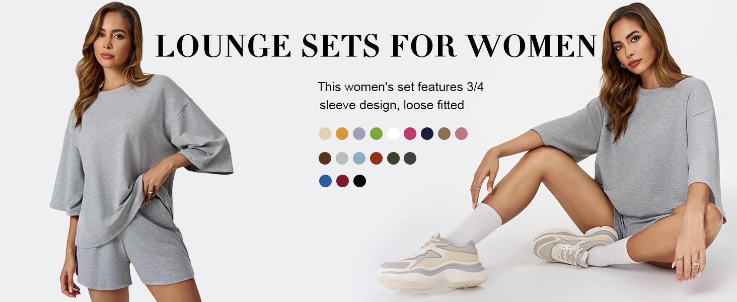 Tankaneo Womens Pajama Sets 3/4 Sleeve Oversized Tops and Elastic Waist Shorts Lounge Sets Loungewear