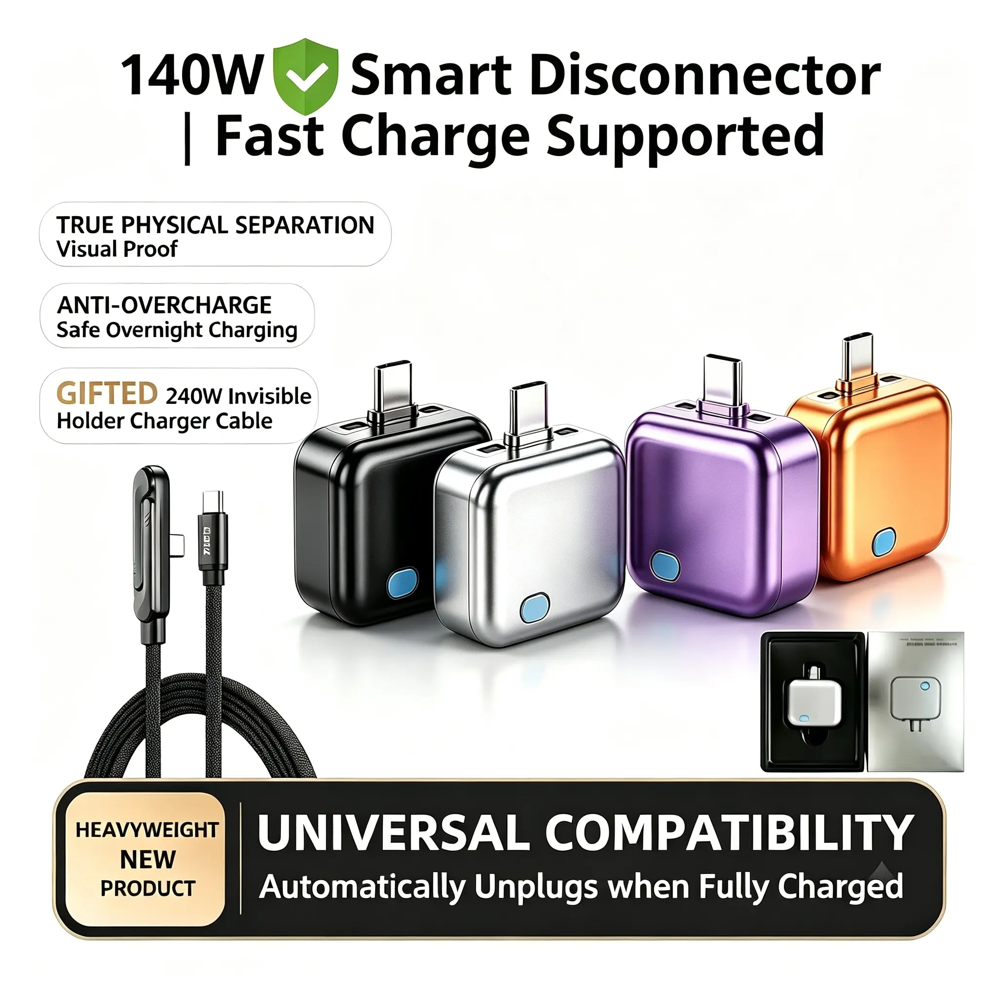 Automatic Charging Stopper – 140W Type-C Super Fast Charging Adapter, suitable for smartphones, power banks, headphones, smart disconnection feature, fully charged pop-out, overcharge protection, portable battery protector. Equipped with a 240W data cable