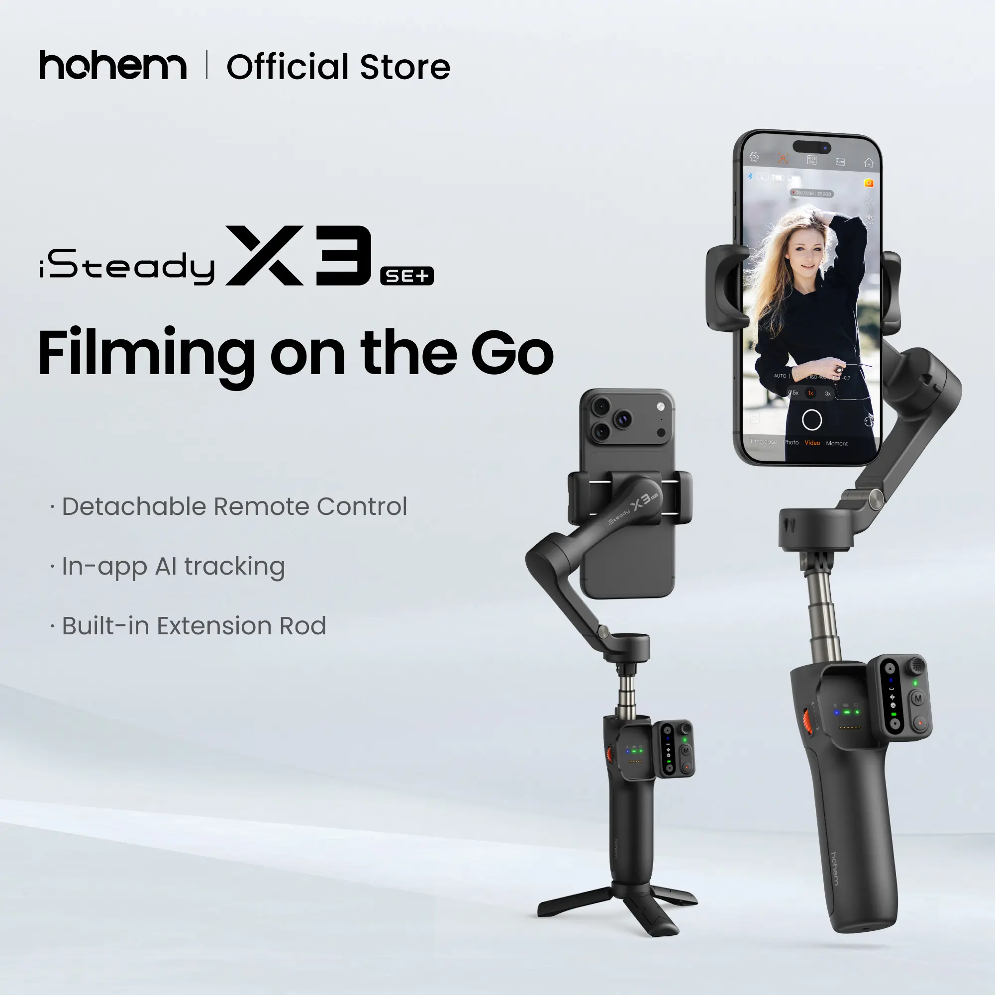 hohem iSteady X3 SE Plus Gimbal Stabilizer for iPhone & Android, AI Facial Tracking,Smartphone Gimbal with Detachable Remote Control, Portable Foldable 3-Axis Phone Gimbal, Built-in Extendable Rod,Vlog Stabilizer,Cellphone&Selfie accessories
