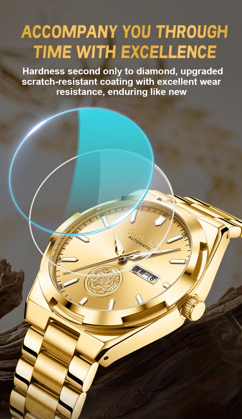 Calonic Kien Men's Luxury Swiss Automatic Gold Watch with Dual Calendar 42mm Stainless Steel Band Luminous Display Water Resistance Buckle