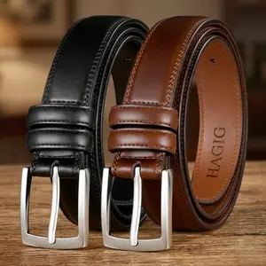 HAGIG Men's Leather Dress Belt Leather Fashion & Classic Designs for Work Business and Casual.(2Pack)