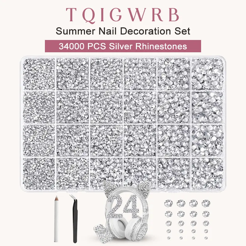 34000Pcs Resin Rhinestones for Bedazzling, Silver Clear Flatback Gems for Diamond Art, Crystal Bedazzler Kit withGifted Tools for Nail Art Crafting Clothing Book Makeup