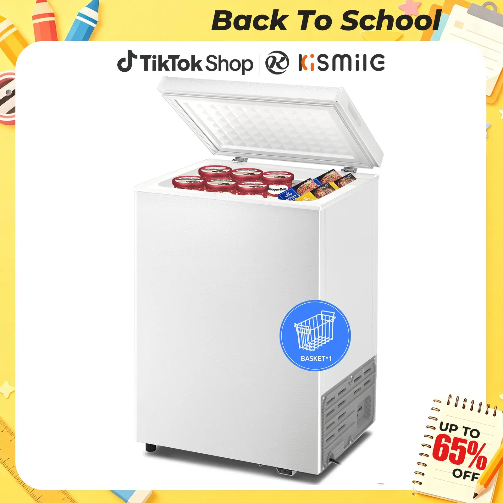 【Back To School】Kismile 2.8 Cu.ft Compact Top-Open Door Deep Freezer Chest - New, Garage-Friendly with Embedded in Corners Design, Sealed Lid, 2 Removable Baskets, Adjustable Temperature, Energy-Saving, White, 20.57x17.52x31.89 inches,home essentials