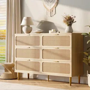 Rattan 6 Drawer Dresser for Bedroom with Wide Top, Large Double Dresser for Closet with Deep Drawers, Wooden Chest of Drawer for Living Room, Entryway, Hallway, Kids Room