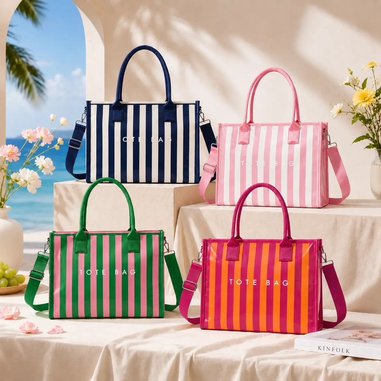 Summer Candy Color Striped Beach Tote Bag Glossy Waterproof Shoulder Purse