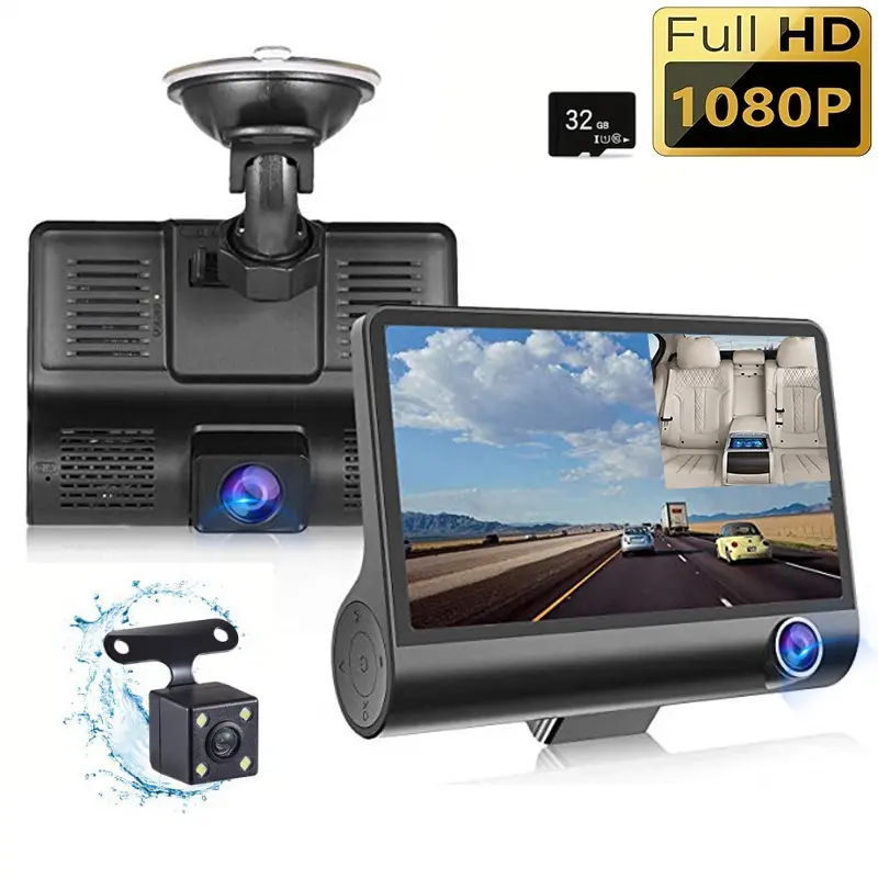 3 Channel Dash Cam Front and Rear Inside 1080P Full HD 4 Inch Large Screen Built in 32GB Memory Card Car DVR Camera Automotive Video Recorder Waterproof Reversing Assist Super Clear Night Vision 24 Hour Parking Monitor Loop Recording # sohochic