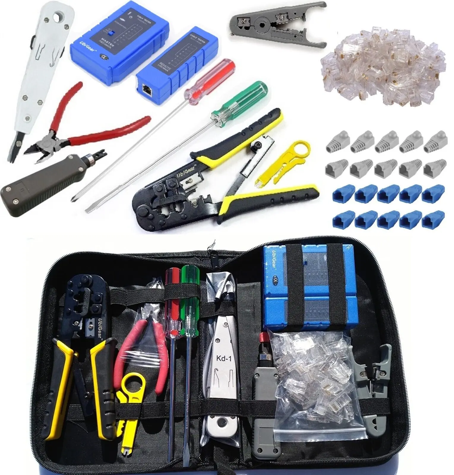 Network Cable Punch Down Tool Kit Tester Connectors Plugs Crimper Cutter Pliers