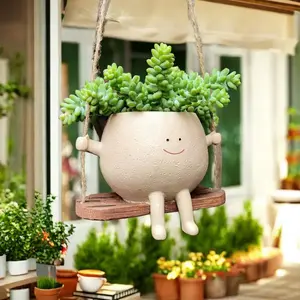 Swing Face Planter Pot, Succulent Flowerpot, Cartoon Girl Design Succulent Pot, Cute Rocking Chair Flower with Drain Hole Summer Garden Supplies for Home Yard Decor, Garden Accessories