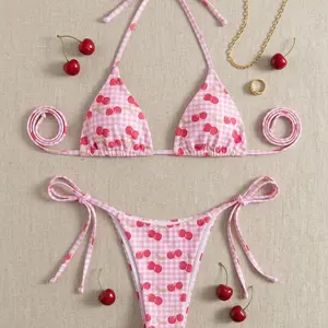Women's 2 Piece Bikini Set - Halter Triangle Top & Cheeky High Cut Thong Bathing Suit - Pink Cherry Gingham / Blue Floral / Red Floral Swimsuit