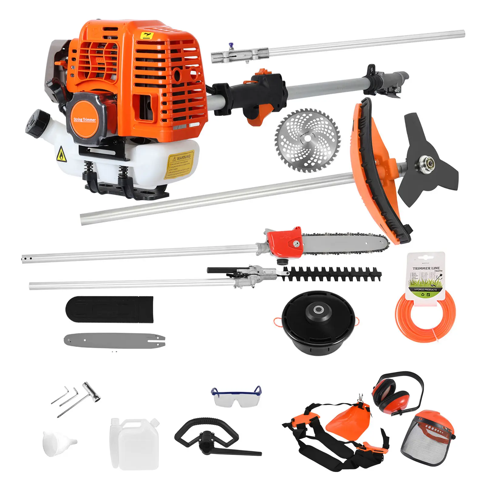 52CC Gas Grass Trimmer - Garden Grass Cutting Tool with Nylon Head, 2-Stroke Handheld 6-in-1/2-in-1 Lawn Mower, Cordless Hedge Trimmer, Chainsaw Hedge Pruner, Included Goggles, Nylon Head Grass Trimmers