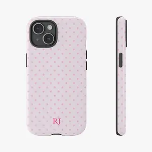 Custom Initial Pink Polka Dot Phone Case, Personalized Monogram iPhone Cover, Trendy Name Protective Tough Galaxy Case, compatible with iPhone 17, 16, 15, 14, 13, 12, 11, X, and Samsung models.It makes a great holiday gift for friends or family.