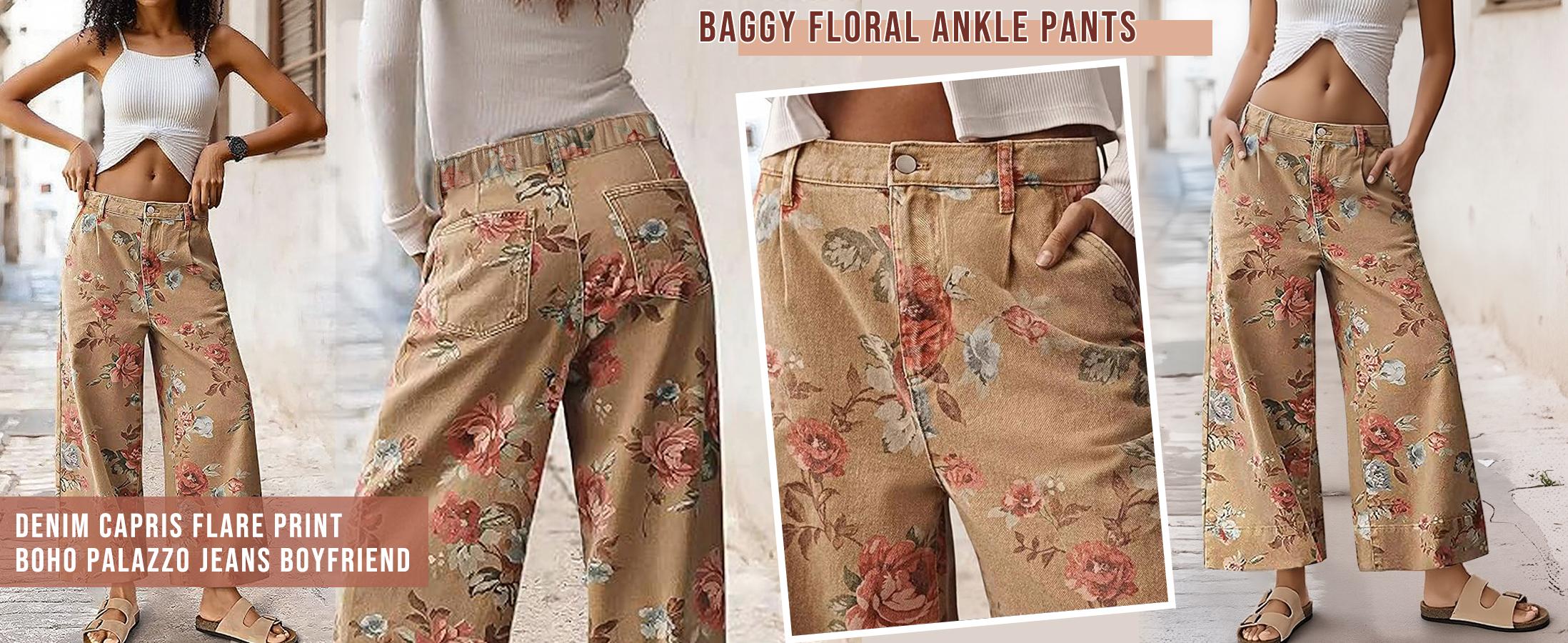 Chouyatou women's mid-rise floral print cropped jeans bohemian loose wide-leg jeans SpringStatements