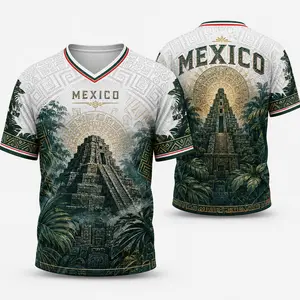 2026 New Mexico Inspired White V-Neck Sports Jersey for Men, Ancient Temple Jungle Graphic, Aztec Calendar Print, Flag Sleeve Accents, Short Sleeve Soccer Fan Shirt, Casual Futbol Game Day Tee