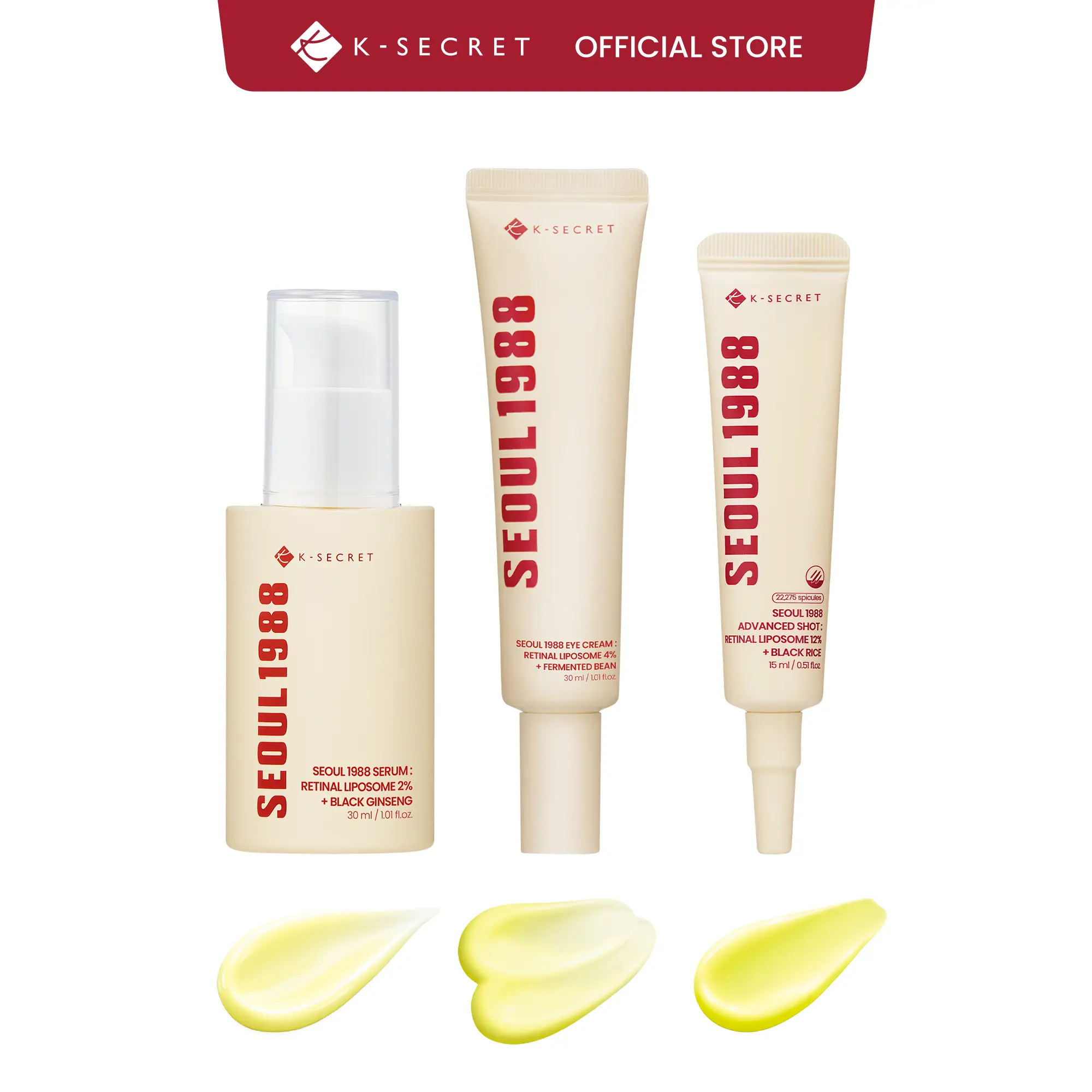 [KSECRET Official] SEOUL 1988 Retinal Advanced Trio | Complete Retinal Routine with 2% Serum + 4% Eye Cream + 12% Shot | Intensive Wrinkle Care, Pore Minimizing & Skin Renewal