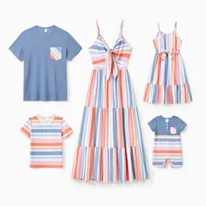 PatPat Family Matching Blue Short-sleeve Tee & Colorful Stripe Camisole Dress - Durable Breathable Fabric for Casual Outings & Vacations