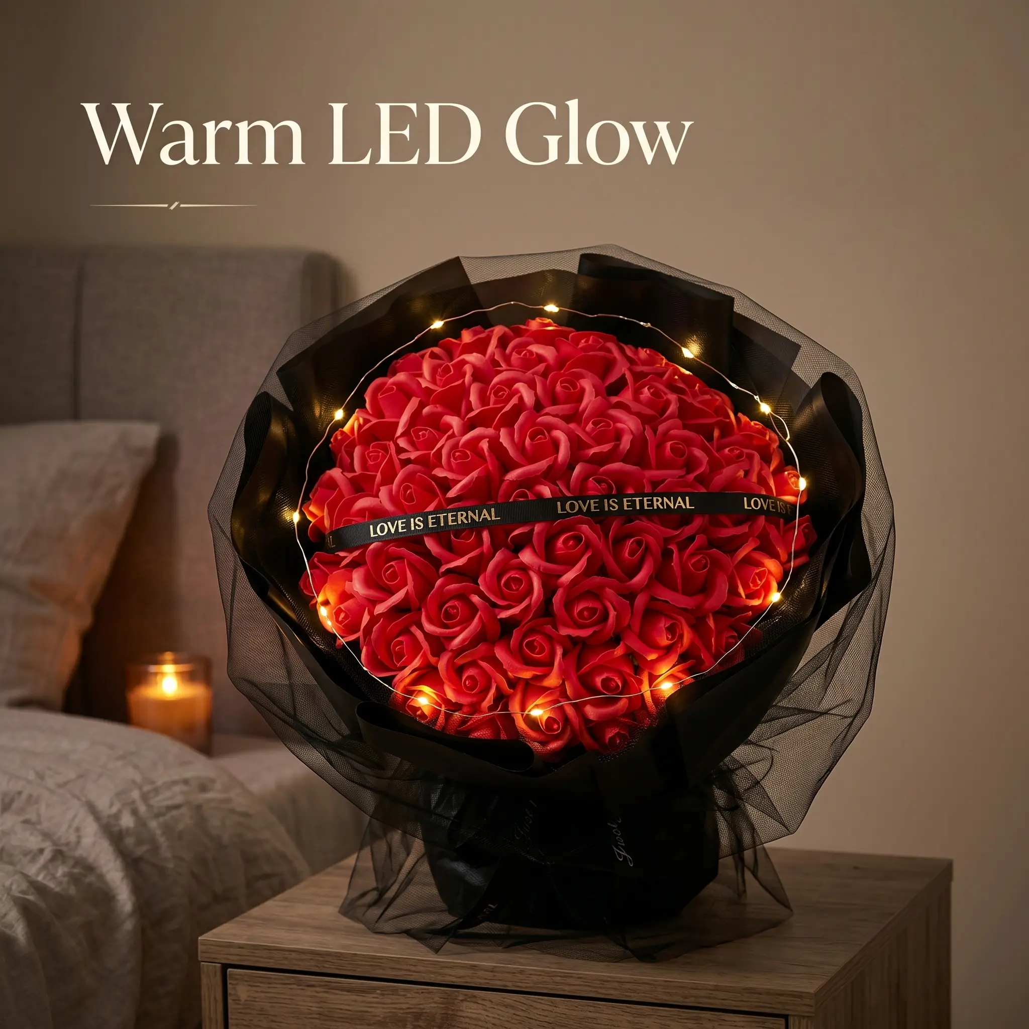 PeaWove Light Up 52 Pcs Premium Faux Rose Bouquet with Warm LED Glow - Scented Eternal Flowers Luxury Gift Set for Anniversary,back to school,back to school haul