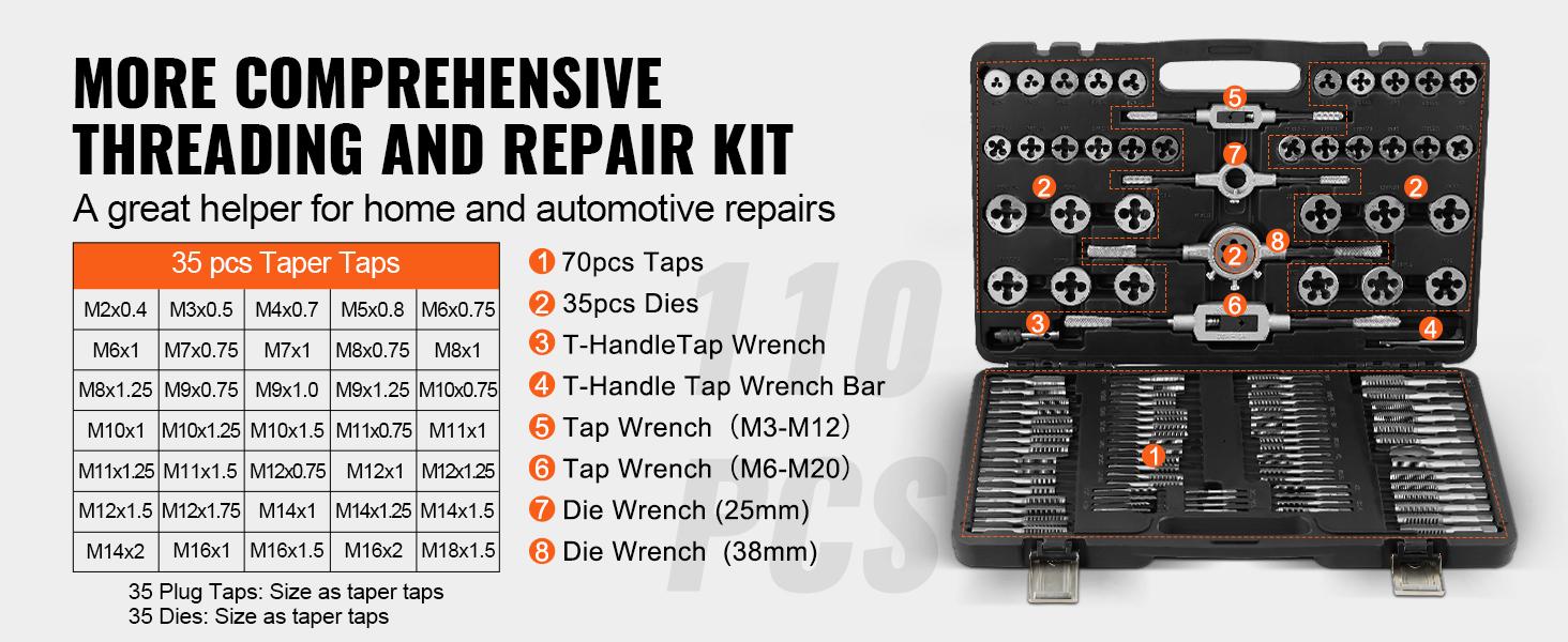 VEVOR Tap and Die Set, Various specifications, 110-Piece Include Metric Size M2 to M18, Bearing Steel Taps and Dies, Essential Threading Tool for Cutting External Internal Threads, with Complete Accessories and Storage Case VEVOR Tap and Die Set, Various specifications, 110-Piece Include Metric Size M2 to M18, Bearing Steel Taps and Dies, Essential Threading Tool for Cutting External Internal Threads, with Complete Accessories and Storage Case