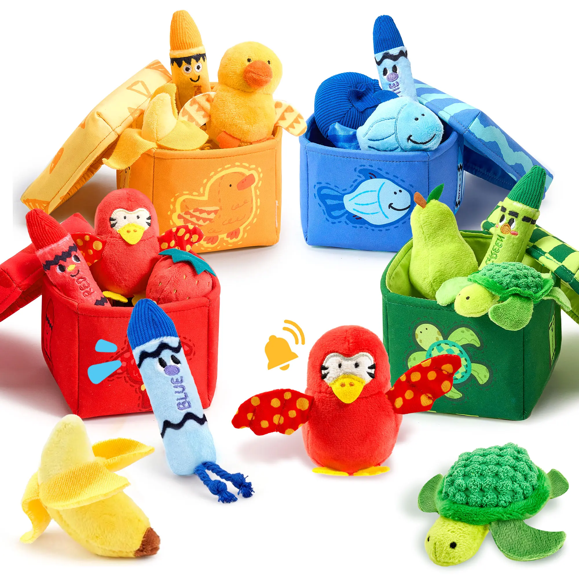 JoyCat Unisex Felt Fabric Sensory Montessori Creative Playset - 12 Push Pieces, 4 Boxes, Animal Fruit Theme Crinkle Crayon, Squeaky Fruit, Tactile Teether, Preschool Early Education Learning Tool, Baby Gift, Multi Activity Playset