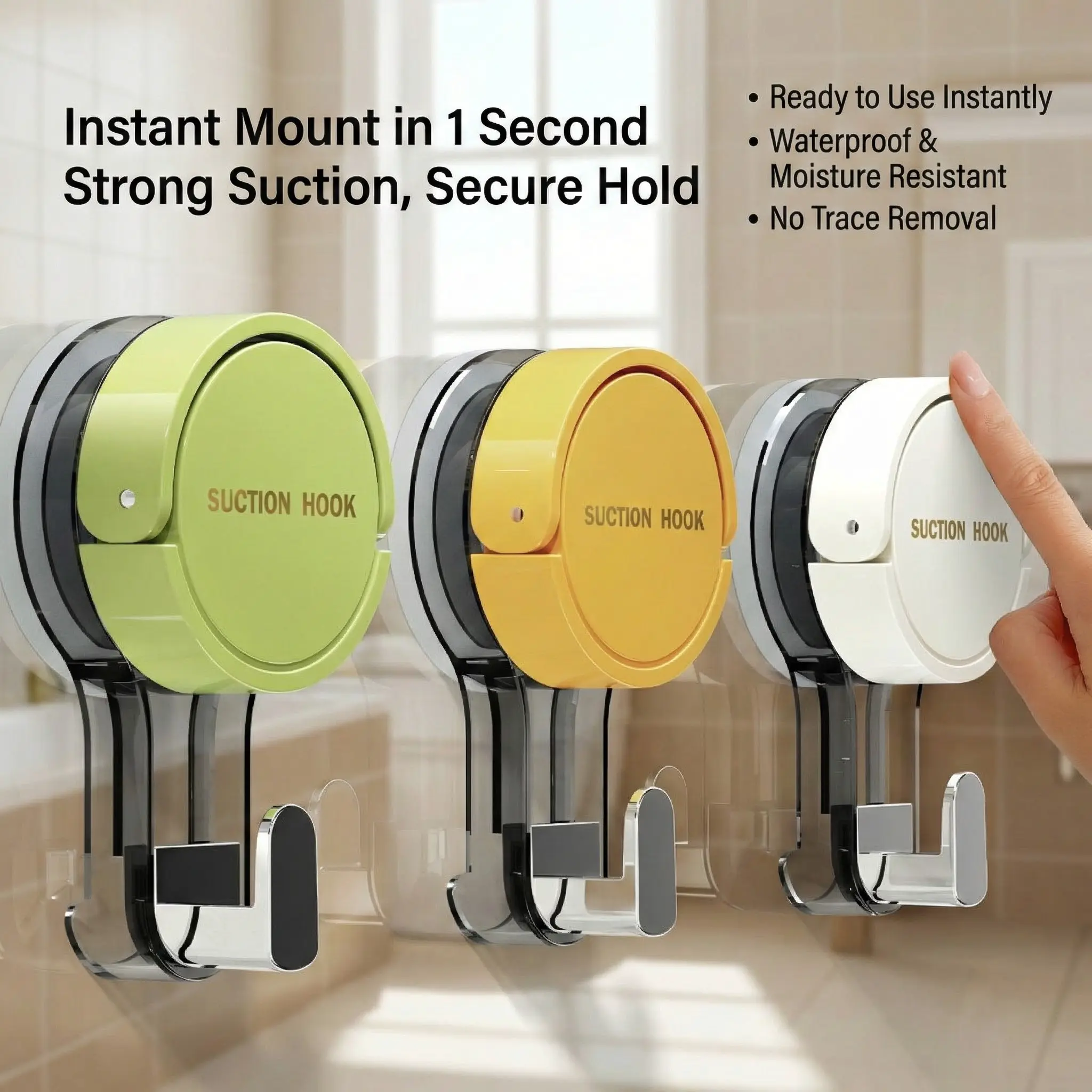 3-Pack Vacuum Suction Hooks – Strong Hold, No Drilling, Reusable Wall Hooks, Home Organizer Hook, Bathroom Hook