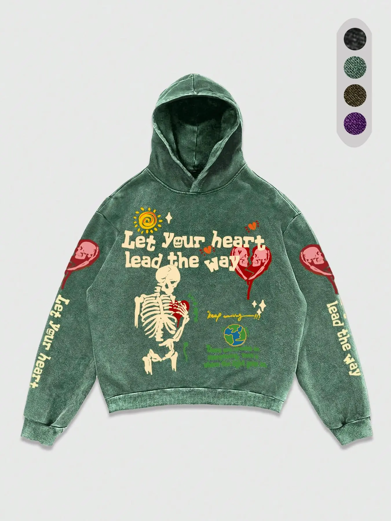 Men's Vintage Washed Skull Heart Graphic Hoodie, Y2K Fashion Street Style Streetwear, Loose-Fitting Casual Top, Alternative Aesthetic, Hip Hop Comfort, Graphic Print Hoodie, Graphic Hooded Sweatshirt
