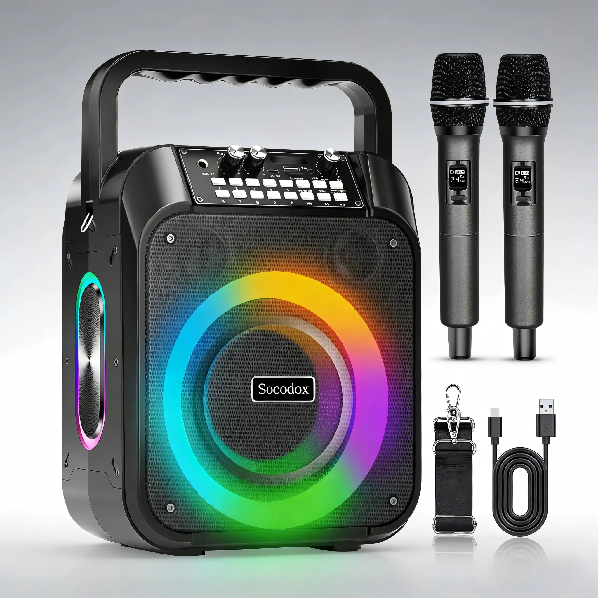 Socodox Lightweight Portable Bluetooth Karaoke Speaker Set - 60W Audio Stereo Speaker, 2 Wireless Microphones, 6000mAh Battery 12H Playtime, TWS Pairing, RGB LED Light, Dual Bass Boost PA System, USB Type-A, for Adults, Parties, Sound System Speaker