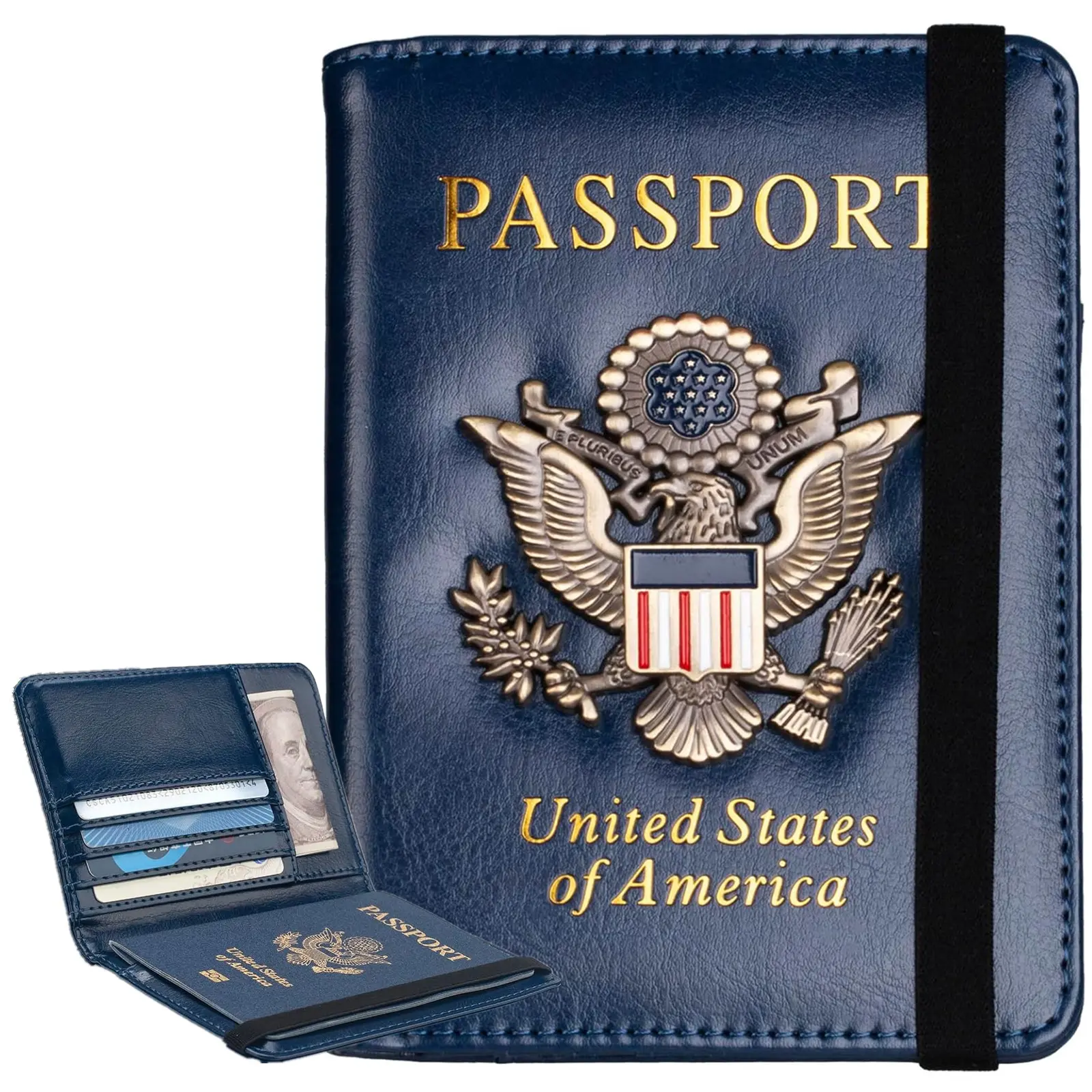 RFID Blocking Passport Holder Wallet Cover - Elegant Basic PU Leather Travel Case with 3D Metal Badge, Multiple Pockets, Elastic Band Hold, Easy Clean for Travel Use (Dark Blue)
