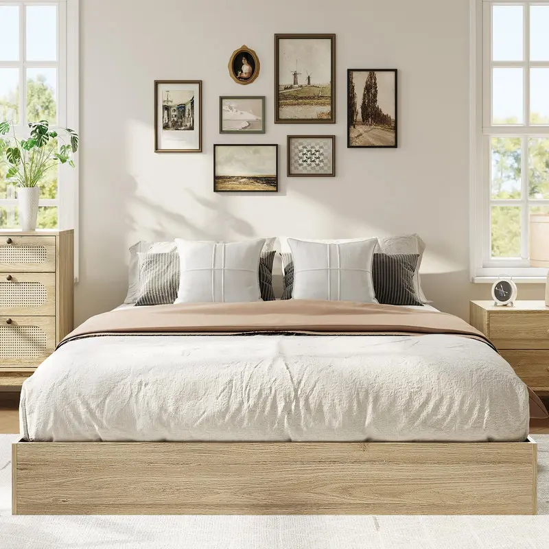 King Size Solid Wood Platform Bed,Modern Minimalist Floor-Standing Design with Robust Wooden Slats,Floor Bed Frame, Easy Assembly for Luxurious Mast