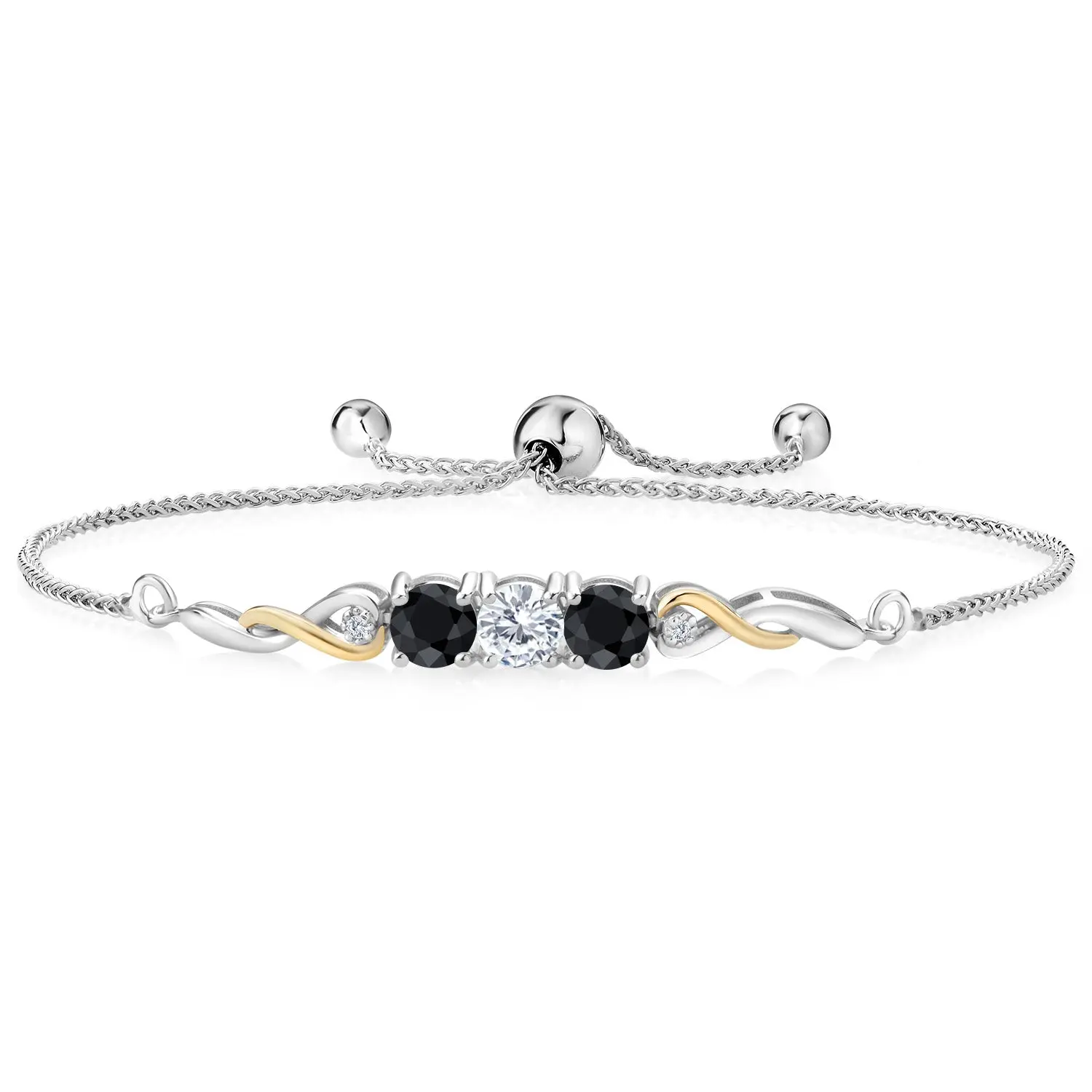 2-Tone Infinity Tennis Bracelet For Women | Gemstone Birthstone Black Sapphire and Accent Lab Grown Diamond | 925 Silver and 10K Yellow Gold | Round 5MM and 1.3MM | Fully Adjustable Up to 9 Inch