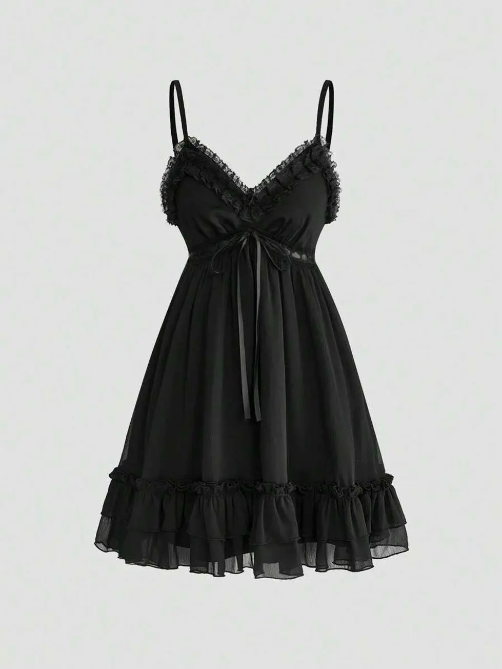 Vintage Gothic Mini Dress for Women, Spaghetti Strap Lace Trim A-Line Dress with Cross Pendant, Ruffle Hem, Romantic Dark Fairycore Party Outfit for Summer & Fall