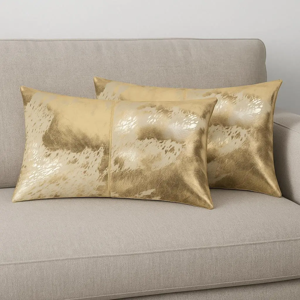 HomeRoots 544646 12 in. x 20 in. Natural & Gold Lumbar Cowhide Throw Pillows - Set of 2