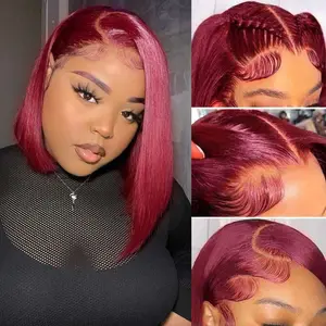 gk Invisible Knots Wigs Human Hair, 13x4 Transparent Lace Front Wig for Black Women, 99j Burgundy Straight Short Bob, 10 inch, 180% Density, Pre Plucked,summervibes