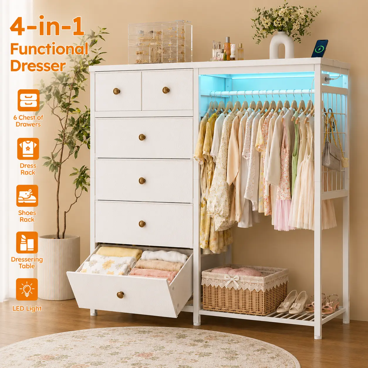 【All-in-one Storage Design】Raybee 6 Drawers Dresser with Hanging Rack, Fabric Storage Chest of Drawers with Clothes Rack&Hooks, Charging Station & LED Lights, Modern Storage Organizer with Wooden Top & Grid Panel for Bedroom, Living Room,Closet