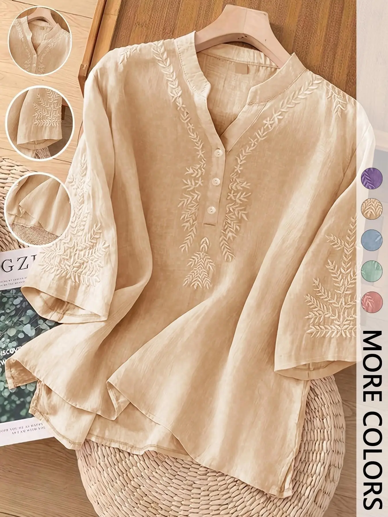 Women's Plain Embroidered Casual Loose V-Neck Button Boho Shirt Blouse Shirts, Stylish Artistic Aesthetic Design Top, Comfortable and Versatile Wear, Embroidery