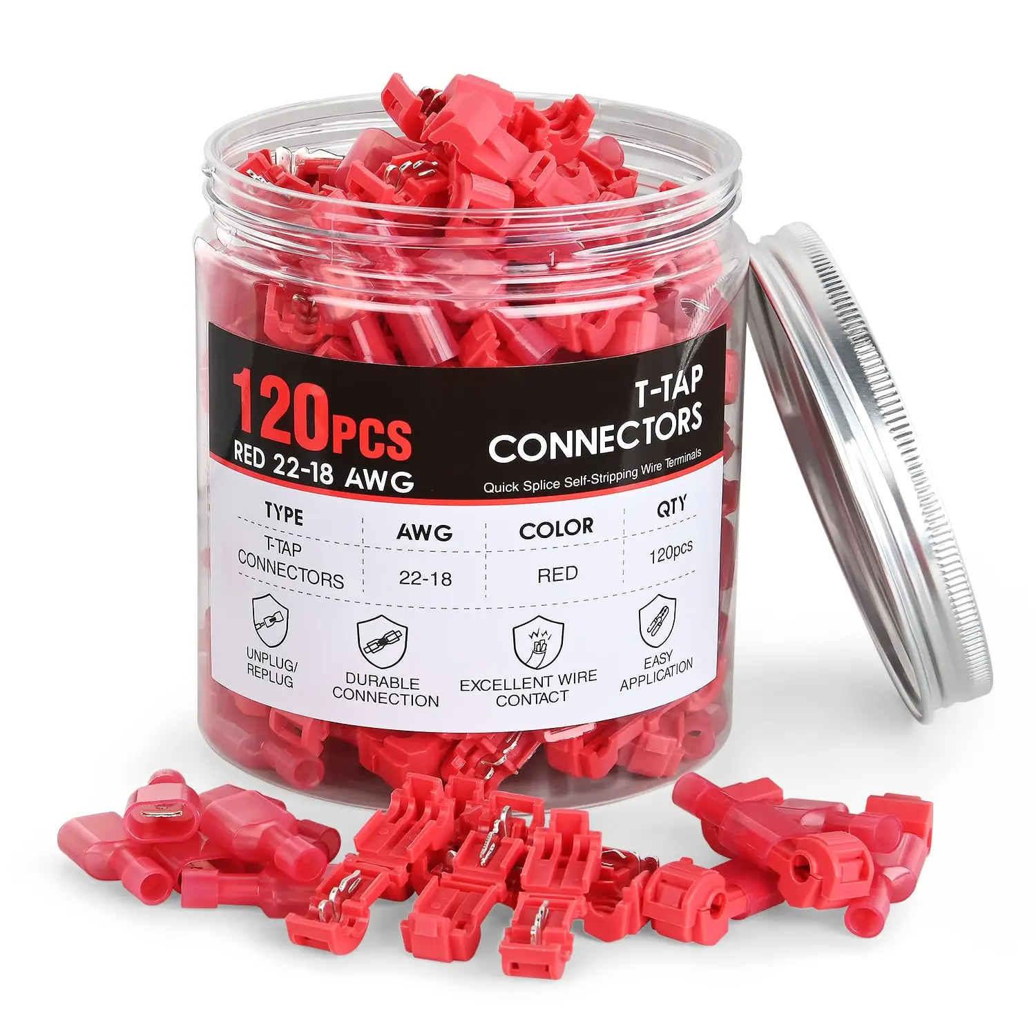 Nilight 120PCS/60 Pairs Quick Splice Disconnect Wire Terminals T-Tap Spade Wire Connectors Red 22-16 AWG Male Female Fully Insulated Electrical Wire Crimp Self-Stripping Kit Wired Jack