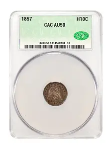 1857 Half Dime H10C CAC AU50 toned