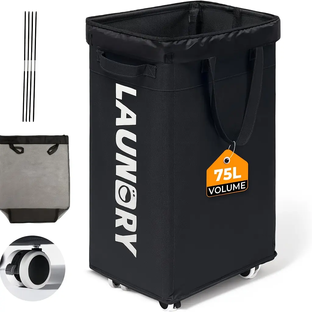 75L Sturdy Oxford Fabric Wheeled Laundry Hamper - Foldable Removable Basket, Portable Carry Handle, Wipe-Clean Rolling Design - Laundry Organization Containers for Bedroom, Bathroom (Black), Wheeled Laundry Basket